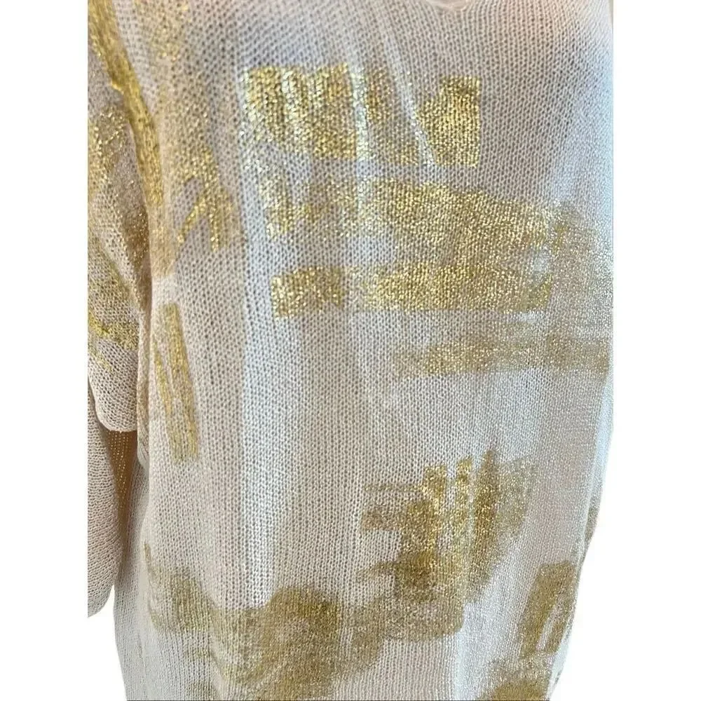 Marisima Italian Womens Gold Metallic Knit V-Neck Lightweight Sweater Beige One